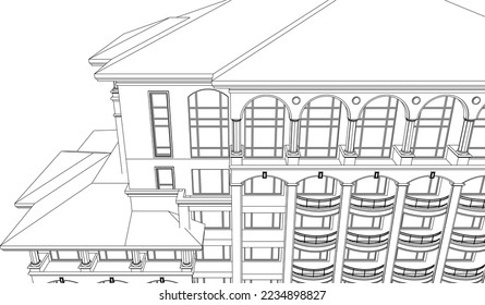 Residential luxury Hotel Apartment building slopped roof perspective façade 3D line illustration vector