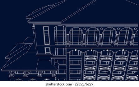 Residential luxury Hotel Apartment building slopped roof perspective façade 3D line illustration vector blueprint