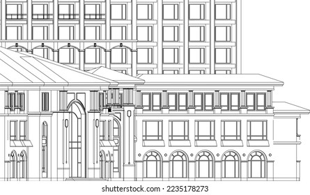 Residential luxury Hotel Apartment building façade 2D line drawing illustration vector