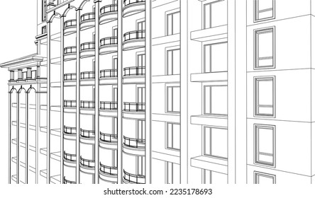 Residential luxury Hotel Apartment building perspective façade 3D sketch drawing illustration vector