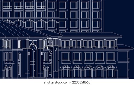 Residential luxury Hotel Apartment building façade 2D line drawing illustration vector blueprint