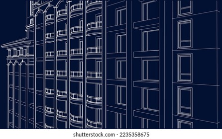 Residential luxury Hotel Apartment building perspective façade 3D sketch drawing illustration vector blueprint