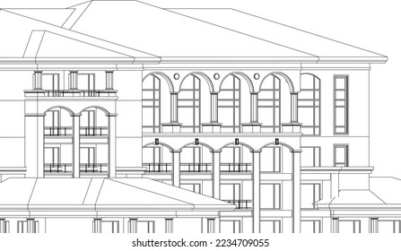 Residential luxury Hotel Apartment sloped roof façade 2D line illustration vector eps10