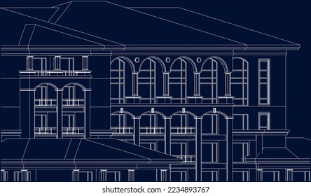 Residential luxury Hotel Apartment sloped roof façade 2D line illustration vector eps10 blueprint