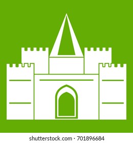 Residential mansion with towers icon white isolated on green background. Vector illustration