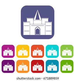 Residential mansion with towers icons set vector illustration in flat style In colors red, blue, green and other