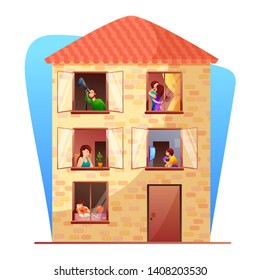 Residential multi storey building flat vector illustration. Neighbors cartoon characters. Apartment house with residents isolated design element. Everyday life in open windows, balconies
