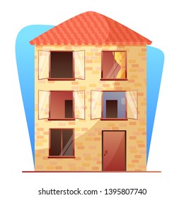 Residential multi storey building vector illustration. Apartment house with open windows flat clipart. Modern architecture isolated design element. Cartoon suburban neighborhood. Retro urban dwelling