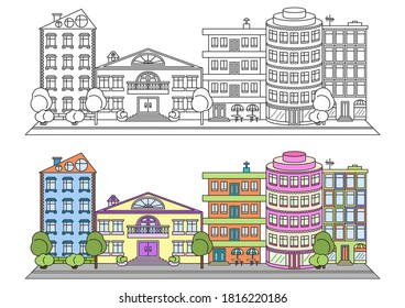 Residential multi-storey colorful houses near the road. Coloring.