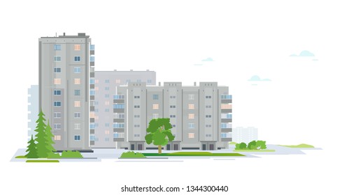 Residential neighborhood of eastern european city with trees and plants, group of grey houses in sleeping district of city isolated