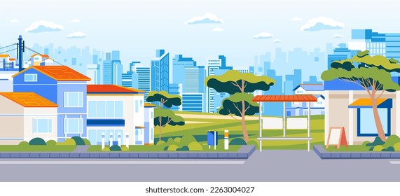 Residential neighborhood environment on suburb of tree big modern city buildings landscape road, sidewalk, houses in urban residential district