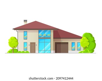 Residential neighborhood two-storey house exterior with garage. Modern design home, vector cottage or villa with pitched roof, large windows and garage. Real estate property, suburban mansion