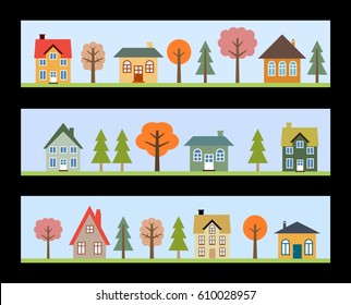 Residential neighborhoods - three banners with vector small towns.