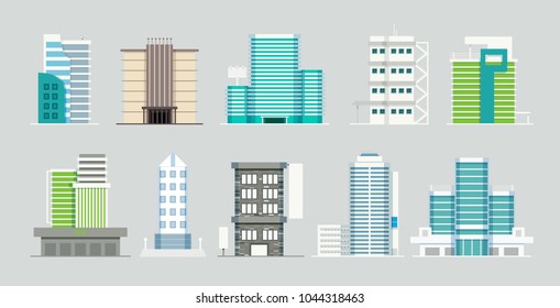 Residential and office buildings with gray backdrops.