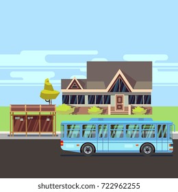 Residential old-style house with bus stop. Flat vector illustration