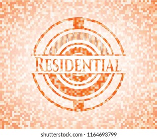Residential orange tile background illustration. Square geometric mosaic seamless pattern with emblem inside.