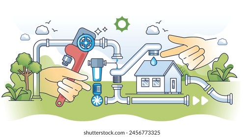 Residential plumbing service for house water system outline hands concept. Professional maintenance, repair or installation for water treatment, heating or drainage vector illustration. Plumber work.