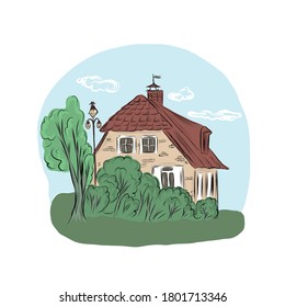 Residential private house with green trees. Hand drawn vector illustration. 