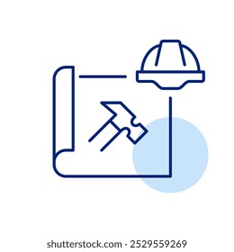 Residential property blueprint with hammer and hard hat. Construction and interior design. House renovation and makeover. Pixel perfect vector icon