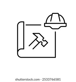 Residential property blueprint with hammer and hard hat. Construction and interior design. House renovation and makeover. 