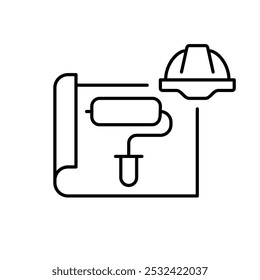 Residential property blueprint with paint roller and hard hat. Construction and interior design. House renovation and makeover. Pixel perfect, editable stroke icon