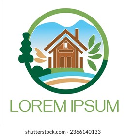 residential property company logo with the concept of nature and a clean environment, there are symbols of green trees, rivers and leaves, with a beautiful mountain background