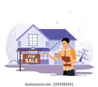 Residential property marketing concepts. A professional real estate agent presenting a contemporary home with a For Sale sign, highlighting opportunities for home buyers or investors. 