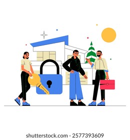 Residential Property Secured By Large Lock With Professionals In Flat Vector Illustration Symbolizing Real Estate, Security, And Property Management, Isolated On White Background.