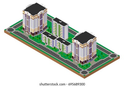 Residential quarter. Block of flats. Building. Isometric.