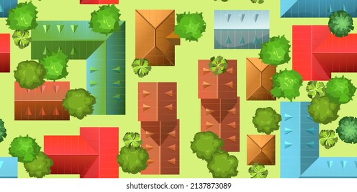 Residential quarter. Seamless pattern. Streets of city. Top View from above. Small town house and road. Map with roads, trees and buildings. Modern car. Cartoon cute style illustration. Vector.