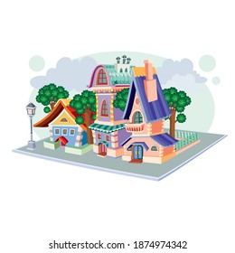 residential quarter of three retro houses and a street lamp, isolated object on white background, vector illustration, eps