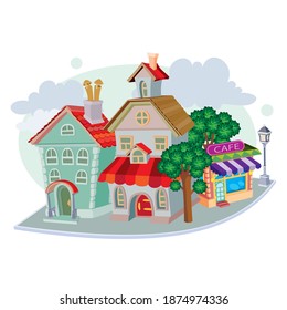 residential quarter of two retro houses and a food tent, isolated object on white background, vector illustration, eps