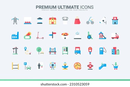 Residential and recreation area, cityscape symbols, skyscrapers and transport, commerce. Public city building, infrastructure and facility trendy flat icons set vector illustration