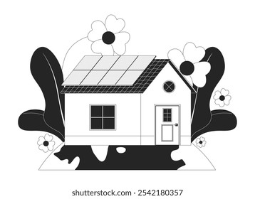 Residential renewable energy black and white 2D illustration concept. Intentional life. Photovoltaic solar panels on rooftop building exterior outline scene isolated. Metaphor monochrome vector art