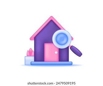 Wohnungssuche. Suche nach Unterkunft, Haus, Hotel, Vermietung, Villa oder Pension. Grundstück oder Gebäude. Darstellung des Hauses und Lupe. Symbol oder Symbol. Minimalistisches 3D-Konzept 