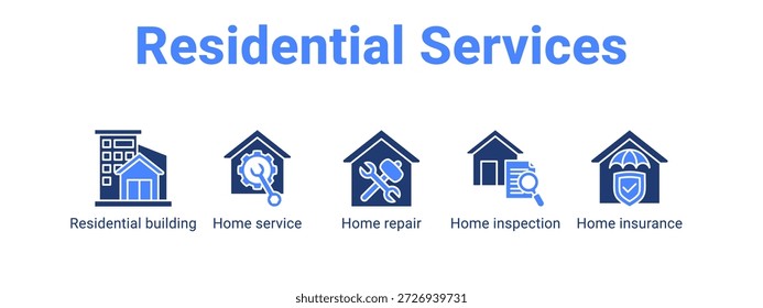Concepto de Ilustración vectorial de ícono de Anuncio de Web de servicios residenciales para con ícono de edificio residencial, servicio para el hogar, reparación del hogar, hogar.