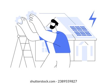 Ilustración vectorial del concepto abstracto del panel solar residencial. Los trabajadores instalan un dispositivo solar activo, un entorno ecológico, un edificio sostenible, una metáfora abstracta de arquitectura ecológica.