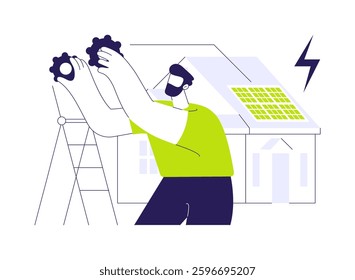 Residential solar panel abstract concept vector illustration. Workers install active solar device, ecology environment, sustainable building, eco-friendly architecture abstract metaphor.