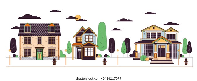 Residential suburbs line cartoon flat illustration. Accommodations street. Housing development. Buildings row 2D lineart object isolated on white background. Real estate scene vector color image