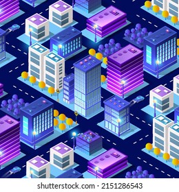 Residential town night city urban 3D illustration of neon ultraviolet of urban infrastructure isometric buildings. Vector graphics of the modern architecture construction.