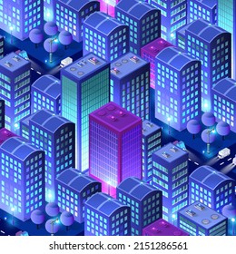 Residential town night city urban 3D illustration of neon ultraviolet of urban infrastructure isometric buildings. Vector graphics of the modern architecture construction.
