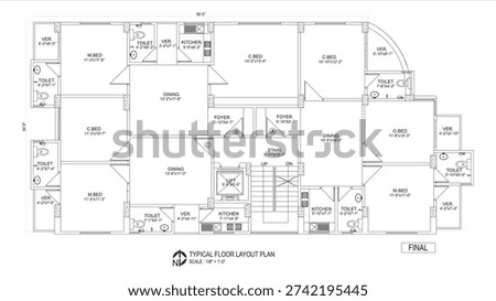 Residential typical floor layout plan, architectural home design, detailed building layout – Minimal line drawing showing standard room arrangement and wall structure, clean CAD-style vector illustration isolated on white background. EPS 10.