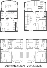 Planos de piso da unidade residencial, projeto de apartamento multi-layout, design de espaço interior, vetor CAD desenho, ilustração plana, conceito de habitação moderna