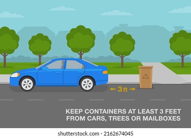 Residential waste and recycling or trash pickup service rules. Bins on sidewalk. Keep containers at least 3 feet from cars, trees or mailboxes. Flat vector illustration template. 