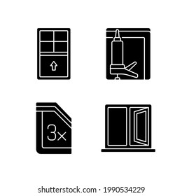 Residential window and door installation black glyph icons set on white space. Single-hung windows. Heat, cooling loss reduction. Ventilation control. Silhouette symbols. Vector isolated illustration