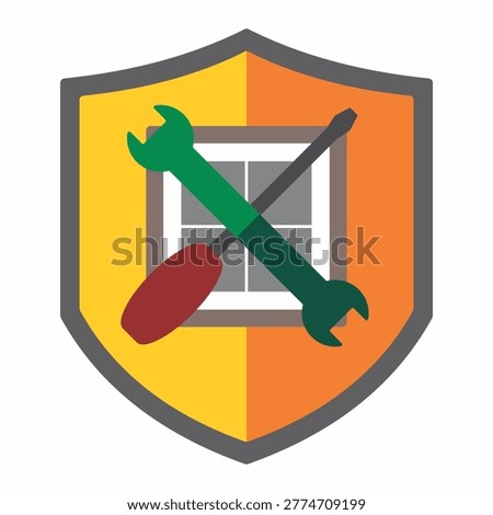Residential Window Maintenance Shield Emblem, Crossed Spanner and Slotted Screwdriver Service Logo