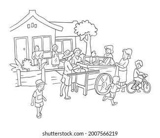 Residents are doing activities in front of the house illustration