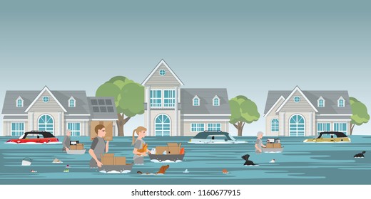 Residents family carrying belongings and pet to walk in high waters after devastating floods in village, residents in walk through a flood vector illustration.