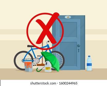 Residents of house leave personal items in hallway. Forbidden to leave personal items in corridor. Vector illustration, flat design, cartoon style.