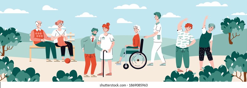 Residents of nursing home at walk performing various leisure activity, flat cartoon vector illustration. Elderly people getting daily care in nursing home.